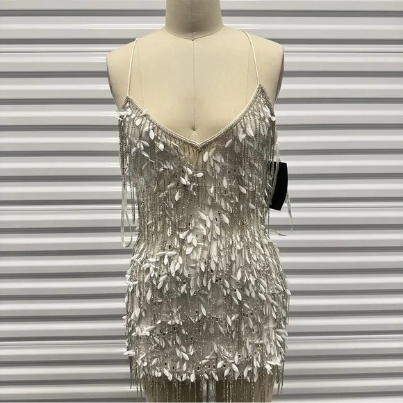 NWT Retrofete Haven Embellished Fringe White Mini Dress Cryatals $998 - Picture 2 of 4